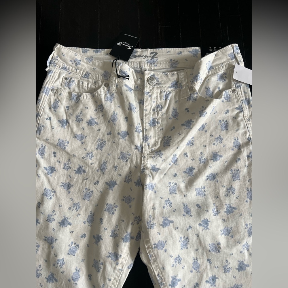 Seven7 White Skinny Jeans with Light Blue Floral Print - Picture 3 of 10